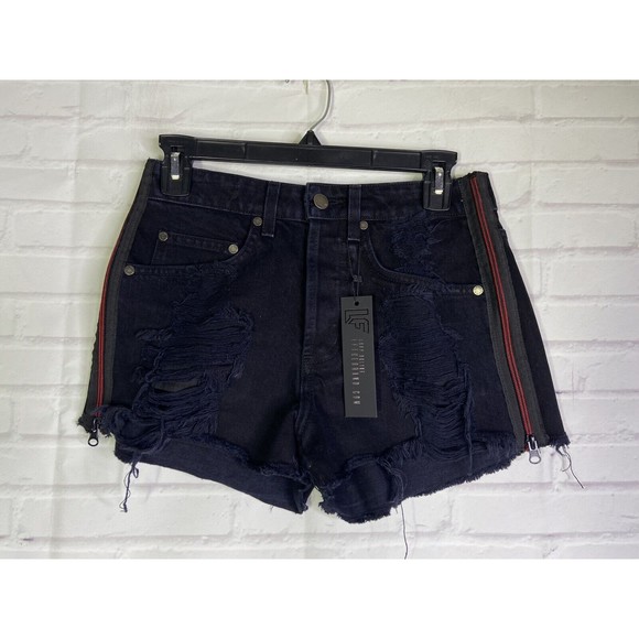 LF The Brand Shorts Women Size 26 Black Button-fly Red Zip Detail Cut-offs NEW - Picture 1 of 11